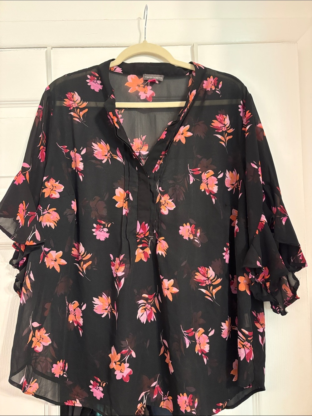 Vince Camuto Black Sheer Blouse with Floral Print pit to pit 26, L 28